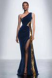 Black One Shoulder Sheath Velvet Long Formal Dress with Sequins