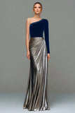 Black and Grey A-Line One Shoulder Metallic Satin Formal Dress