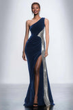 Black One Shoulder Sheath Velvet Long Formal Dress with Sequins
