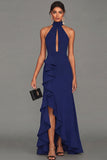 Black Halter Neck Sheath Ruffled Cut Out Long Evening Dress with Slit