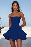 Sky Blue A Line Strapless Chiffon Mini Graduation Dress with Ruffles