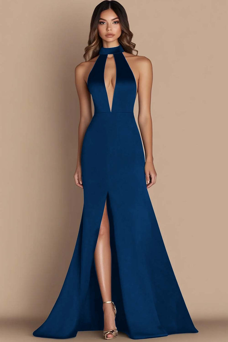 Load image into Gallery viewer, Black Halter Cut Out Mermaid Gala Dress with Slit