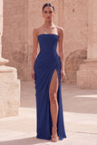 Strapless Light Pink Sheath Ruched Long Prom Dress with Slit