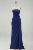 Strapless Light Pink Sheath Ruched Long Prom Dress with Slit