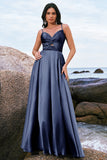 Spaghetti Straps Satin Keyhole Ink Blue Bridesmaid Dress