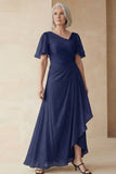 Dusty Sage A Line Ruched Mother of the Bride Dress with Short Sleeves