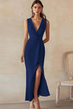 Sky Blue Satin V-Neck Long Formal Dress with Slit