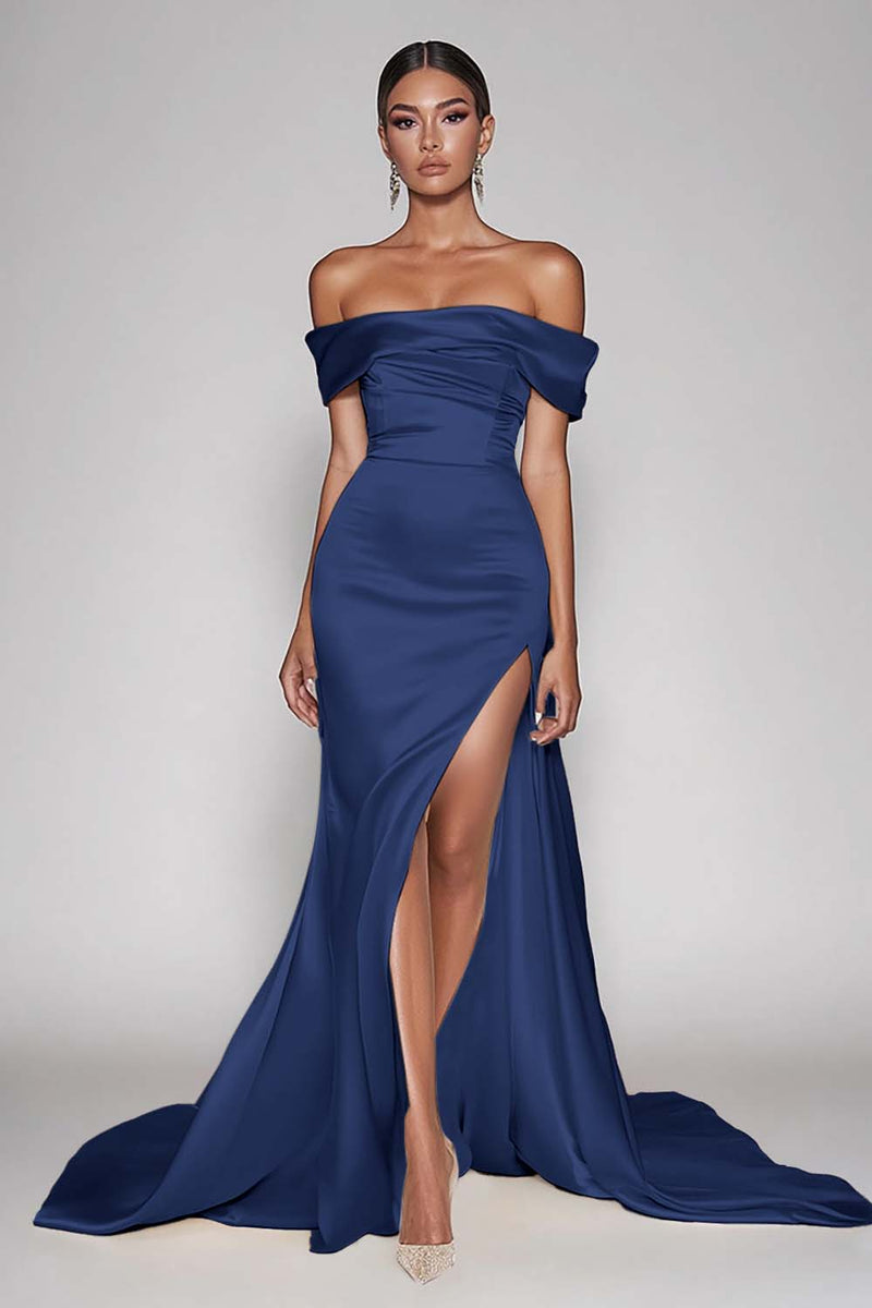 Load image into Gallery viewer, Champagne Off The Shoulder Satin Long Mermaid Formal Dress with Slit
