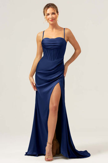 Sage Mermaid Spaghetti Straps Corset Satin Bridesmaid Dress with Slit