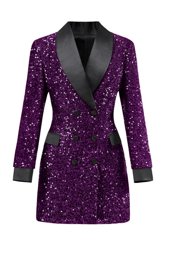 Glitter Burgundy Shawl Lapel Women's Blazer with Sequins