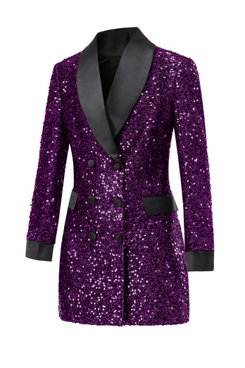 Glitter Burgundy Shawl Lapel Women's Blazer with Sequins