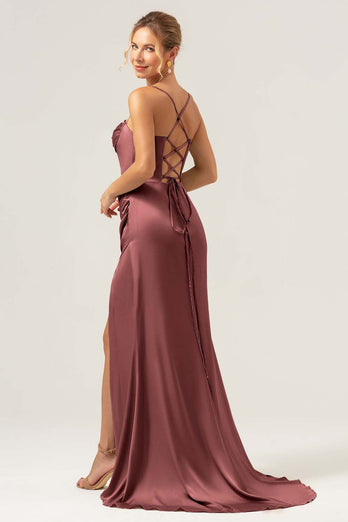 Sage Mermaid Spaghetti Straps Corset Satin Bridesmaid Dress with Slit