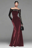 Burgundy Velvet Mermaid Long Sleeve Formal Dress with Lace