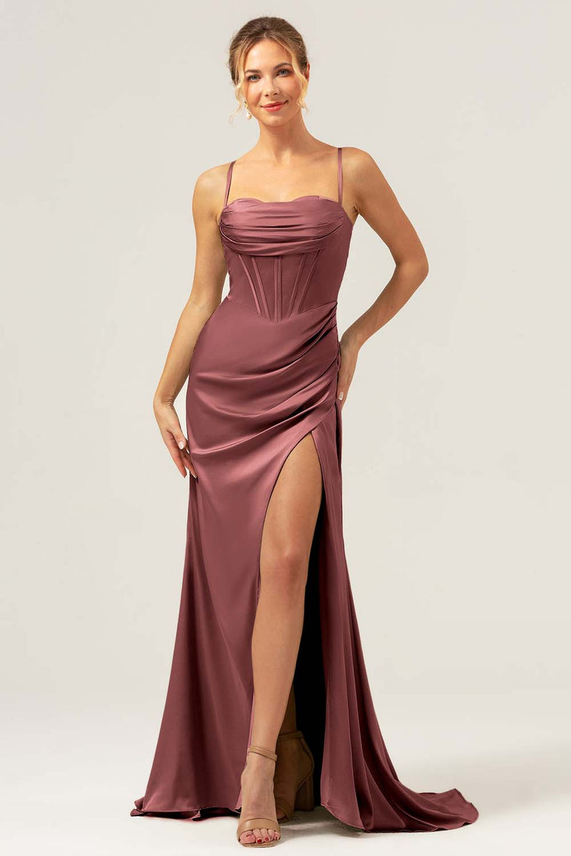 Load image into Gallery viewer, Sage Mermaid Spaghetti Straps Corset Satin Bridesmaid Dress with Slit