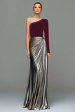 Black and Grey A-Line One Shoulder Metallic Satin Formal Dress