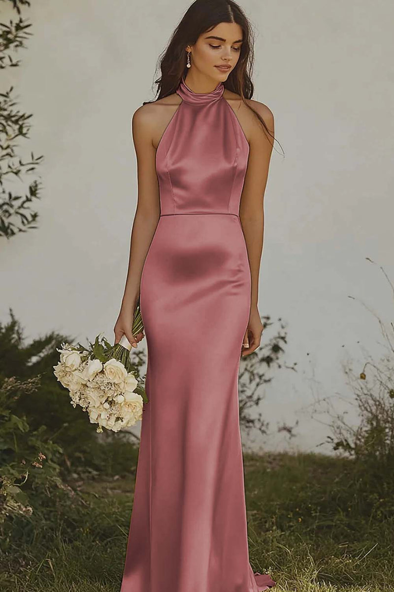 Load image into Gallery viewer, Light yellow Halter Mermaid Satin Bridesmaid Dress