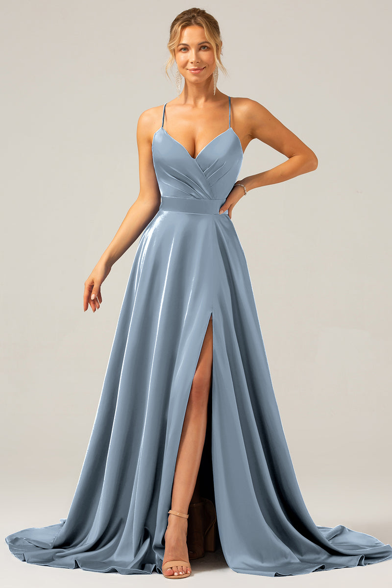 Load image into Gallery viewer, Spaghetti Straps Royal Blue A Line Satin Prom Dress with Slit