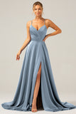 Spaghetti Straps Royal Blue A Line Satin Prom Dress with Slit