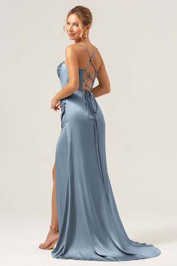 Martini Mermaid Spaghetti Straps Corset Satin Bridesmaid Dress with Slit