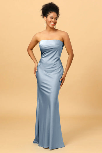 Grey Blue Satin Mermaid Bridesmaid Dress