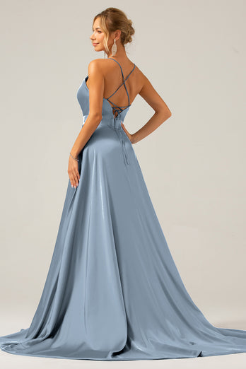 Spaghetti Straps Royal Blue A Line Satin Prom Dress with Slit