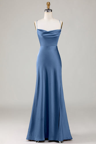 Dusty Blue Lace-Up Back Satin Simple Prom Dress with Slit