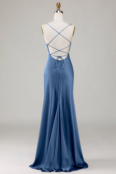 Dusty Blue Lace-Up Back Satin Simple Prom Dress with Slit