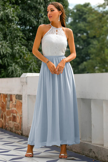 Grey Halter Lace Wedding Guest Dress
