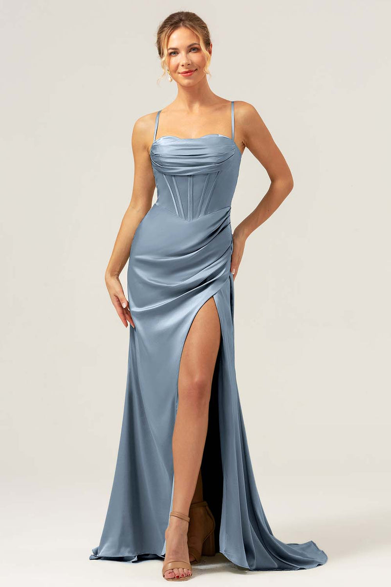 Load image into Gallery viewer, Martini Mermaid Spaghetti Straps Corset Satin Bridesmaid Dress with Slit