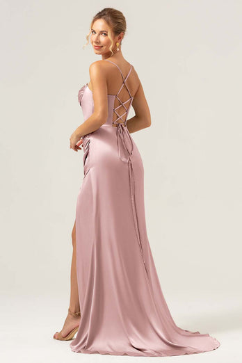 Martini Mermaid Spaghetti Straps Corset Satin Bridesmaid Dress with Slit