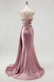 Champagne Mermaid Corset Beaded Satin Long Prom Dress with Slit