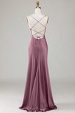 Simple A Line Lace-Up Back Burgundy Long Bridesmaid Dress with Criss Cross Back