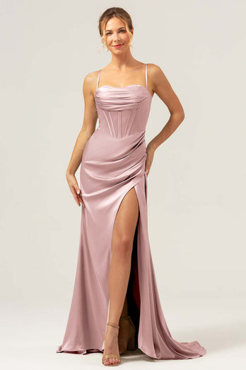 Martini Mermaid Spaghetti Straps Corset Satin Bridesmaid Dress with Slit