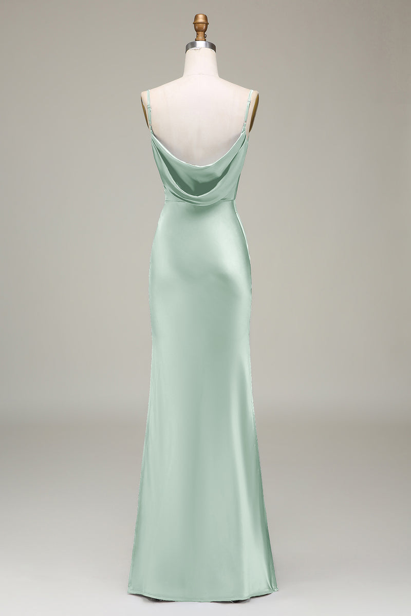 Load image into Gallery viewer, Dusty Blue Sheath Spaghetti Straps Satin Long Bridesmaid Dress