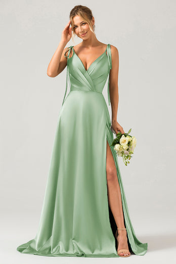Dark Green A-Line Spaghetti Straps Ruched Long Bridesmaid Dress with Slit