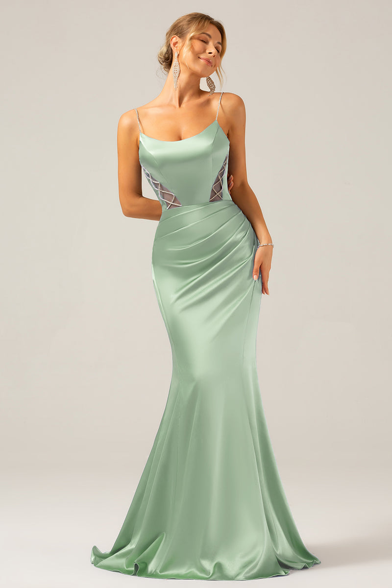 Load image into Gallery viewer, Mermaid Grey Blue Satin Spaghetti Straps Pleated Maxi Dress