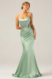 Mermaid Grey Blue Satin Spaghetti Straps Pleated Maxi Dress