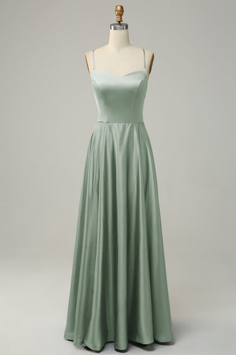 Green A Line Satin Long Simple Prom Dress with Lace-up Back