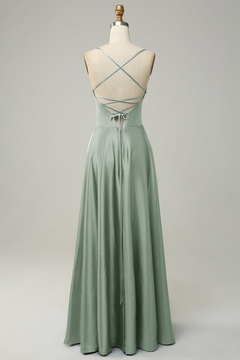 Load image into Gallery viewer, Green A Line Satin Long Simple Prom Dress with Lace-up Back