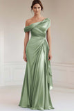 Grey Blue Mermaid One Shoulder Satin Ruched Formal Dress with Ruffles