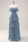 Eucalyptus A Line Off the Shoulder Tiered Pleated Long Bridesmaid Dress with Slit