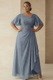 Dusty Sage A Line Ruched Short Sleeves Plus Size Mother Of The Bride Dress with Ruffles