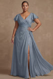 Dusty Sage Plus Size A Line Flutter Sleeves Ruched Mother Of The Bride Dress with Slit
