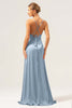 Load image into Gallery viewer, Dusty Blue A Line Spaghetti Straps Backless Satin Long Bridesmaid Dress with Slit