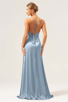 Dusty Blue A Line Spaghetti Straps Backless Satin Long Bridesmaid Dress with Slit