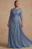 Dusty Sage Ruched A Line Half Sleeves Plus Size Mother Of The Bride Dress