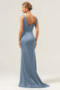 Load image into Gallery viewer, Dark Green Sheath V Neck Ruched High-Low Bridesmaid Dress with Slit