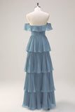 Eucalyptus A Line Off the Shoulder Tiered Pleated Long Bridesmaid Dress with Slit