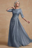 Dusty Sage Ruched A Line Boat Neck Long Mother of the Bride Dress
