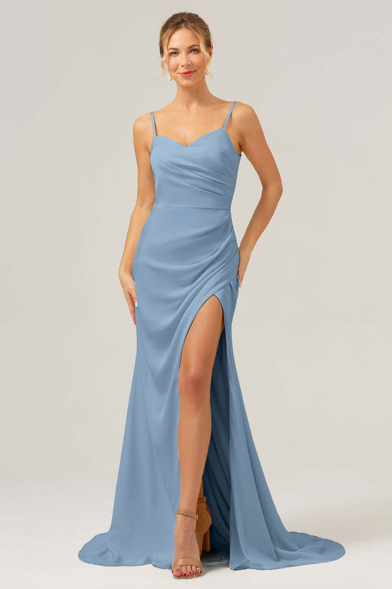 Load image into Gallery viewer, Ivory Sheath Spaghetti Straps Ruched Long Satin Bridesmaid Dress With Slit